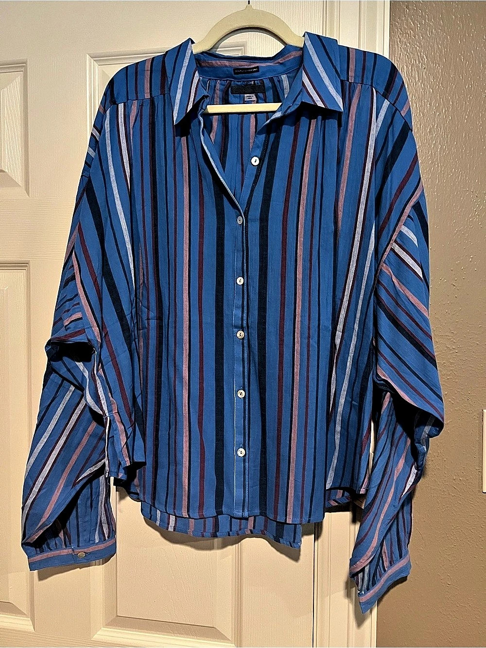 Mother The Get Down Button Down Striped Blue & Pink XL